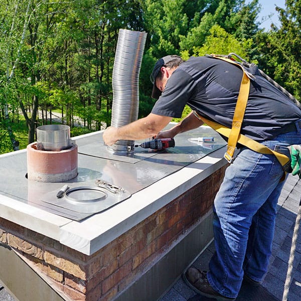 A worker wearing a safety harness installs a metal chimney liner on a brick chimney, using a power drill, with trees visible in the background.