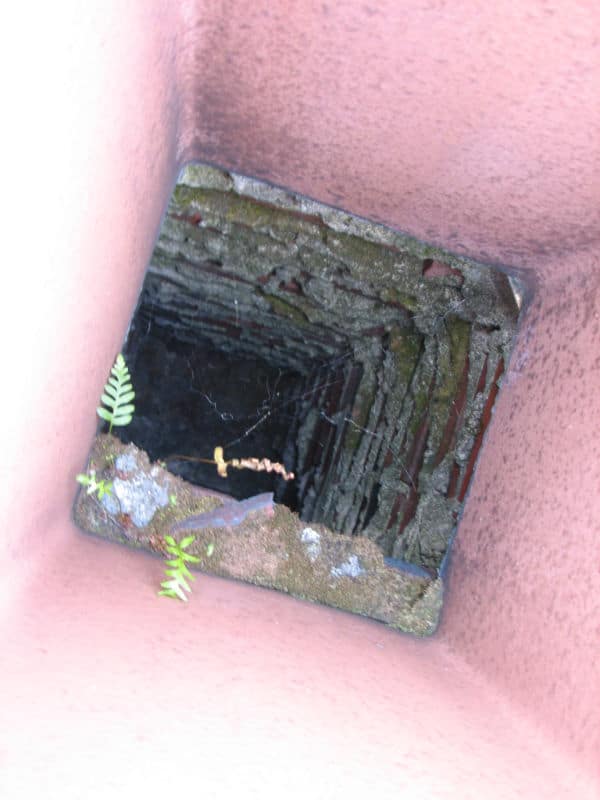 View looking down a square brick-lined well or shaft with moss and small ferns near the opening; the interior appears dark and deep, with a HeatShield panel visible along one side.