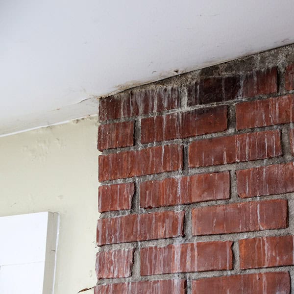 A brick wall with visible water damage and white streaks extending from the ceiling. The adjacent wall, painted white, shows some discoloration—signs of mold and moisture at the top corner hint at needed chimney repairs in Norfolk & Plymouth County, MA.
