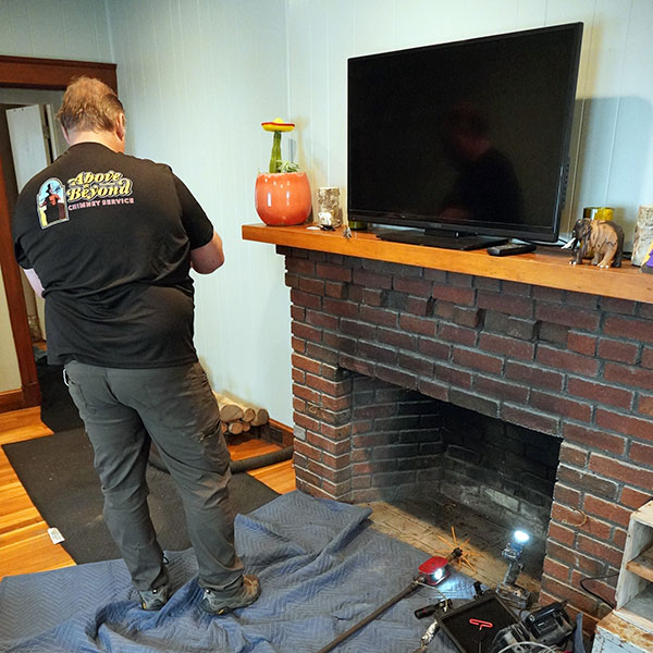 A person wearing a black T-shirt stands next to a brick fireplace in a living room. There is a large TV on the mantel surrounded by decorative items. Tools and equipment for chimney services in Norfolk & Plymouth County, MA, are laid out on a blue mat on the floor.