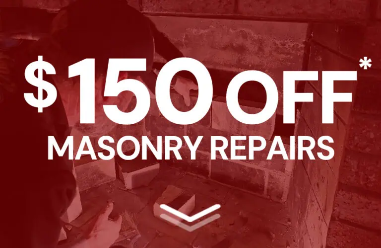 Large white text over a red-tinted image reads "$150 OFF* Masonry Repairs." In the background, a person works on a brick or stone surface—ideal for chimney repair Norfolk and Plymouth County. A downward arrow appears below the text.
