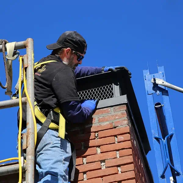A worker wearing safety gear, gloves, and a cap repairs the top of a brick chimney on a sunny day in Massachusetts, standing on scaffolding for safe access and support.