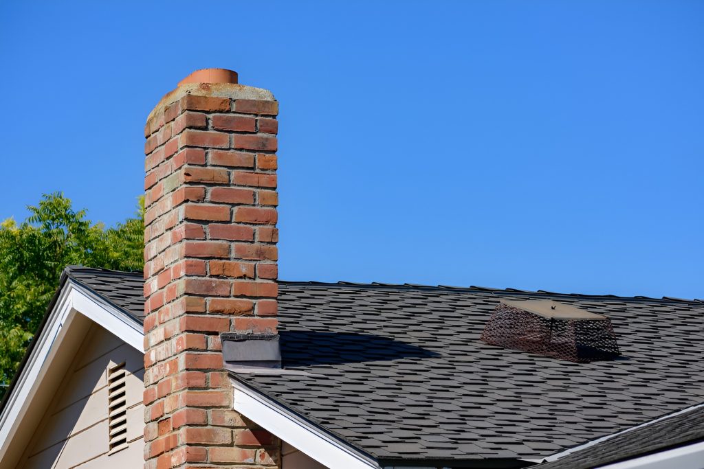 A red brick chimney rises above a shingled roof with a vent and mesh cover, set against a clear blue sky and green trees—ideal for chimney repair in Norfolk and Plymouth County, MA.
