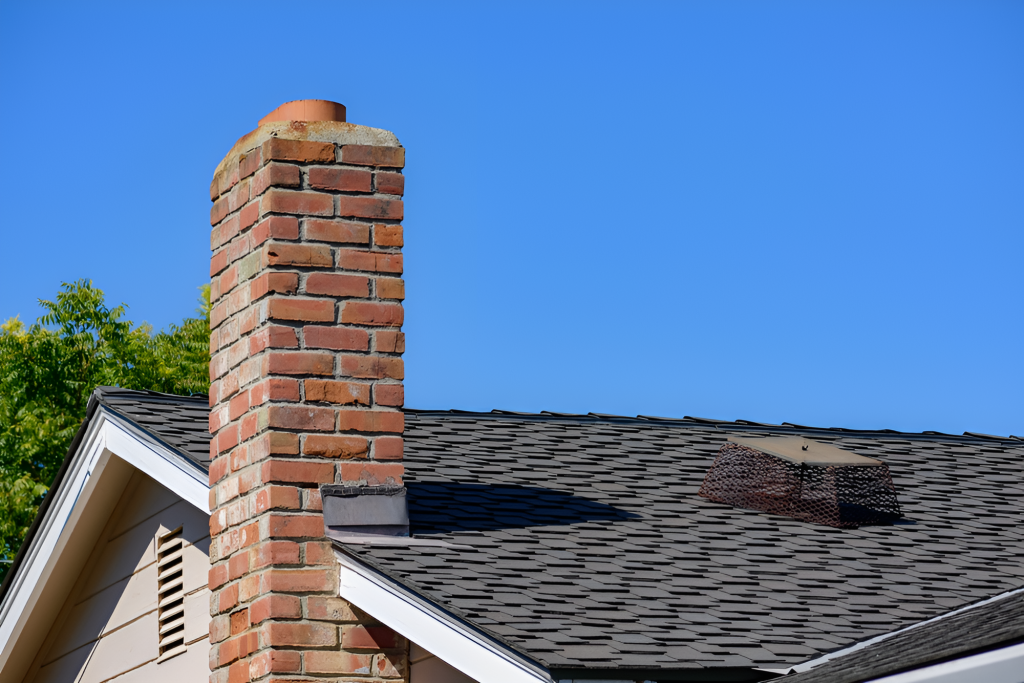 A brick chimney rises above a shingled house roof under a clear blue sky. A vent with a mesh cover is visible on the roof, and green tree leaves are in the background—ideal for those seeking chimney repair in Norfolk and Plymouth County, MA.