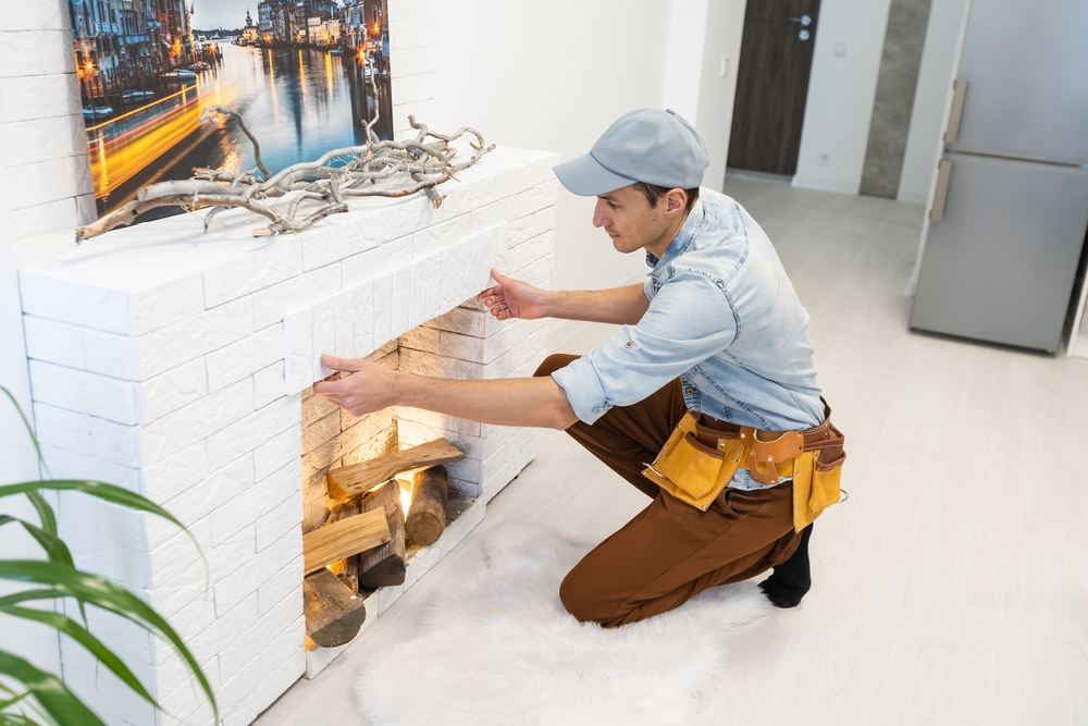A man wearing a cap and tool belt kneels in front of a white brick fireplace, adjusting the cover—a scene typical for chimney repair in Norfolk and Plymouth County, MA. Firewood is stacked inside, with a photograph and driftwood decor on the mantel.