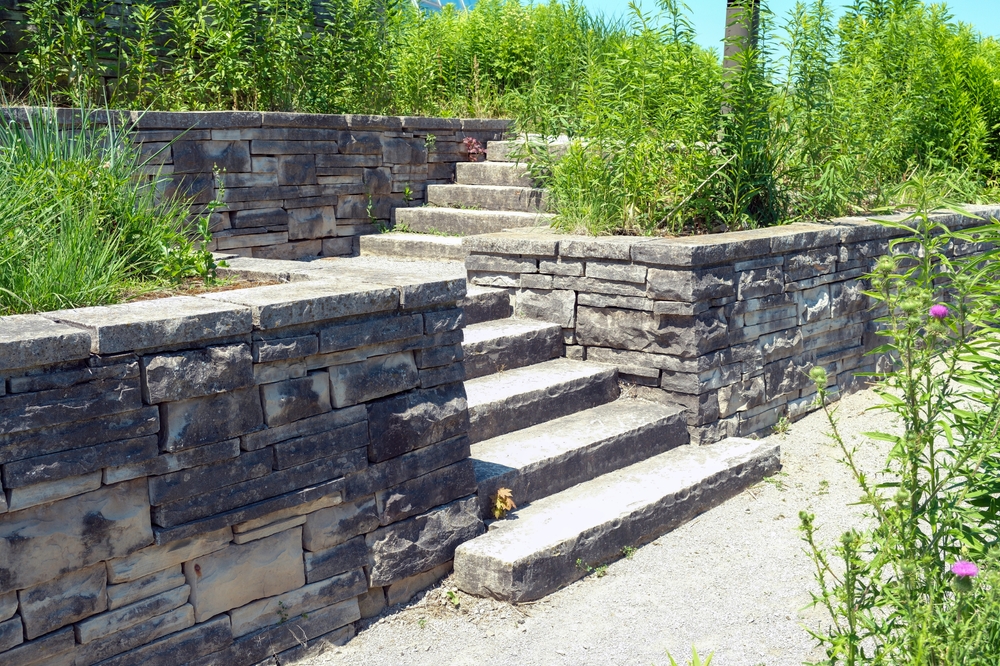 Stone steps and retaining walls surrounded by tall green plants and grass lead up through a landscaped garden area on a sunny day—ideal for homes in MA, including those seeking chimney repair in Norfolk and Plymouth County.