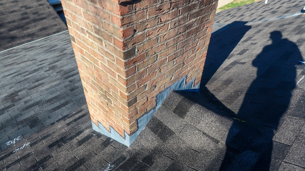 A brick chimney with metal flashing rises from a dark shingled roof, with a person’s shadow nearby—possibly inspecting for chimney restoration in Norfolk and Plymouth County, MA.