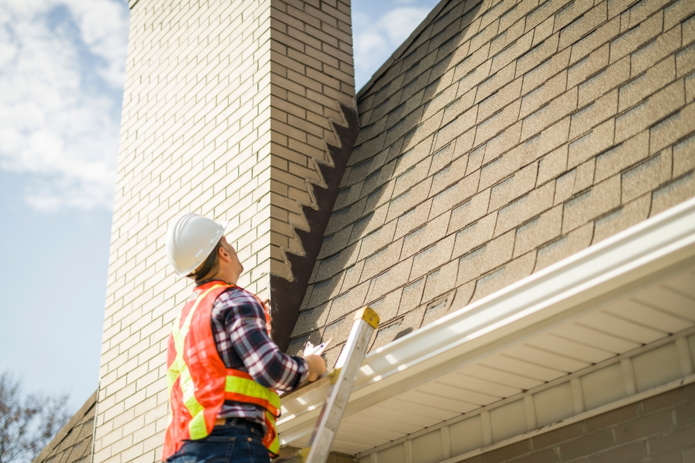 A construction worker in a hard hat and safety vest stands on a ladder inspecting the roof of an MA house next to a brick chimney under a partly cloudy sky.