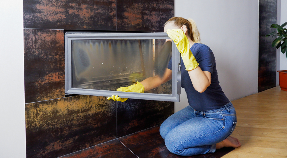 A person wearing yellow rubber gloves is kneeling and cleaning the glass door of a fireplace, maintaining a spotless look that complements recent chimney restoration in Norfolk and Plymouth County, MA.