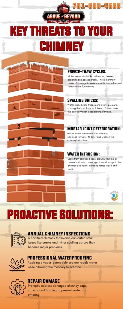 A chimney illustration shows common threats: freeze-thaw cycles, spalling bricks, mortar joint deterioration, and water intrusion, with highlighted damage areas and proactive solutions listed below.